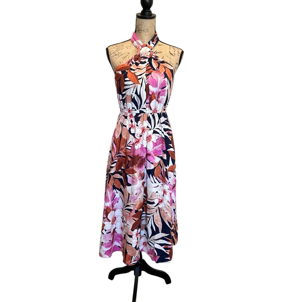 Maggy London Tropical Floral Print Halter Midi Dress with Cinched Waist NWT - Picture 5 of 11